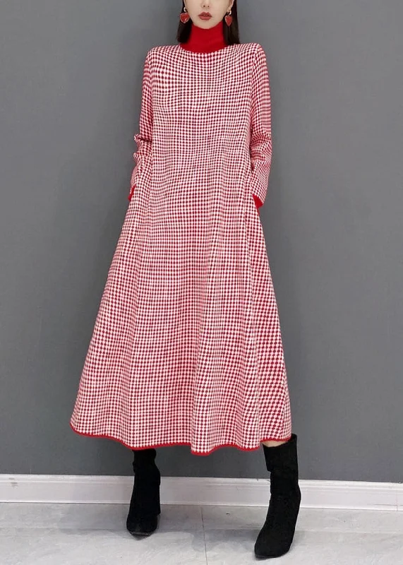 Italian Red Plaid Hign Neck Patchwork Knit Long Dresses Fall Tunics Party sparkling