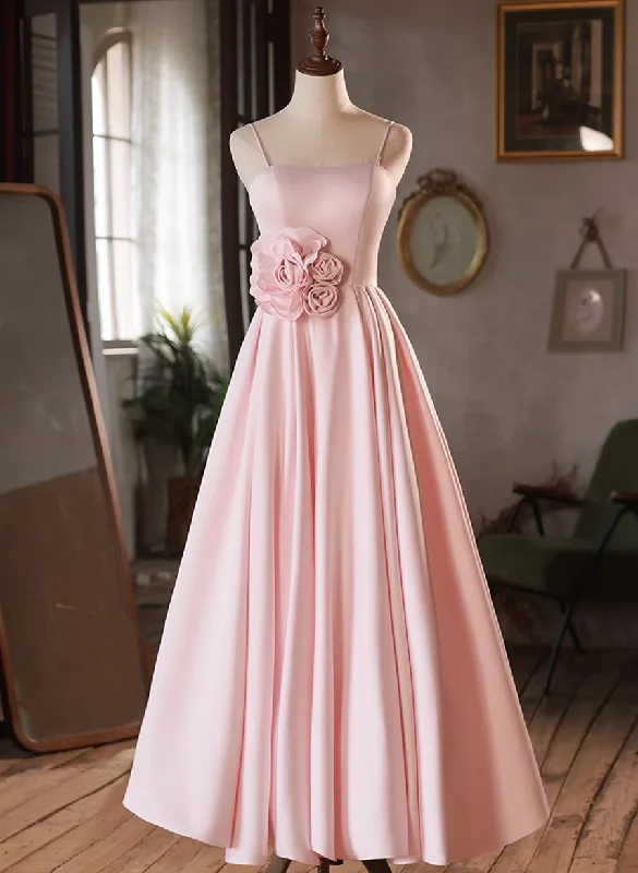 Pink Straps Sweetheart Long Satin Wedding Party Dress, Pink Formal Dress Prom Dress Tunics Formal black