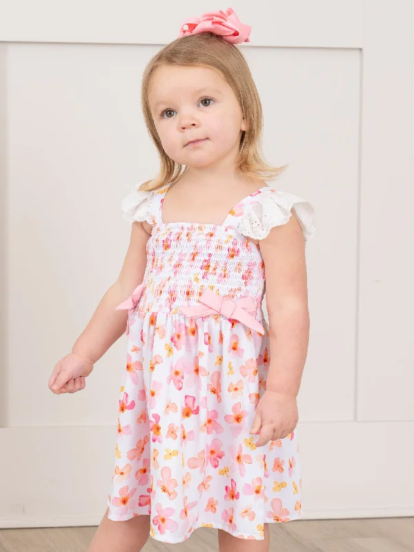 Pink & Yellow Floral Smocked Ruffle Dress Off-the-shoulder Chic Trendy