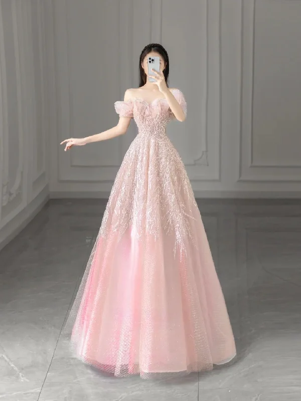 Pink Off Shoulder A-Line Tulle Appliques Long Formal Party Dress, DP4708 Tunics Practical easy-care