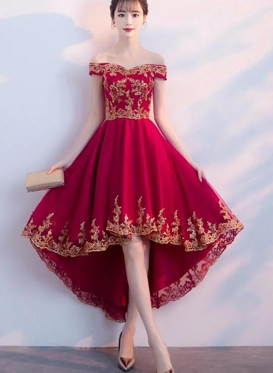 Dark Red Homecoming Dress , High Low Off Shoulder Party Dress Cowl Neckline Elegant