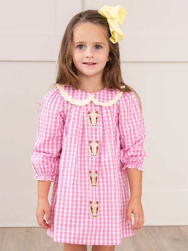 Pink Gingham Embroidered Horses Dress Tunics Seasonal trendy