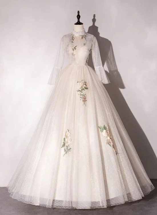 Ivory Tulle High Neckline Long Party Dress with Lace Applique, Ball Gown Sweet 16 Dresses Tunics Spring floral