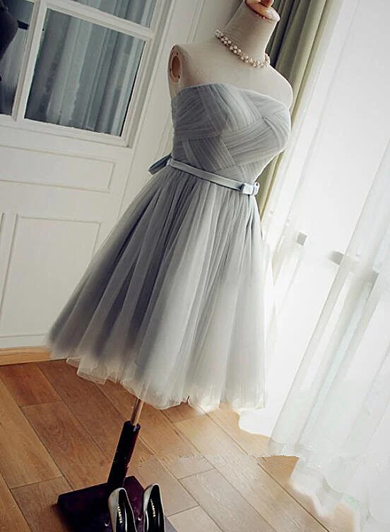 Lovely Grey Short Party Dress, Tulle A-line Homecoming Dress Boat Neckline Classic