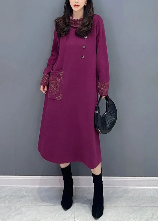 Classy Purple Hign Neck Pockets Patchwork Knit Long Dresses Fall Floral Print girly