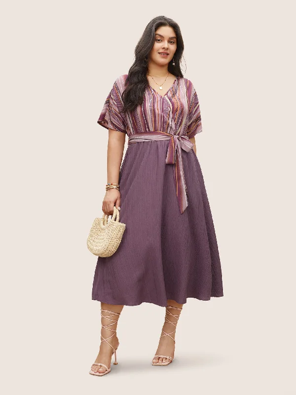 Striped Patchwork Overlap Collar Ties Dress Tunics Essential wardrobe