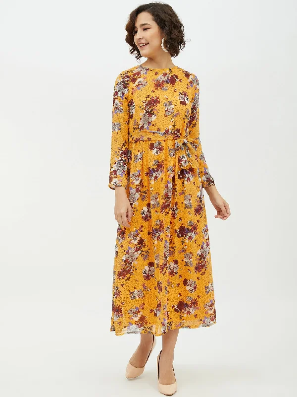Women's Yellow Printed Floral Long Dress - StyleStone Tunics Fall fleece