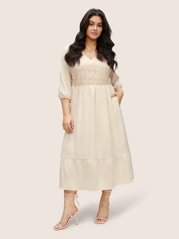 Guipure Lace Lantern Sleeve Elastic Waist Dress Tunics Stylish modern