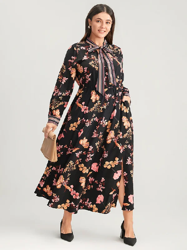 Floral Keyhole Pocket Knotted Neck Split Dress Tunics Formal black