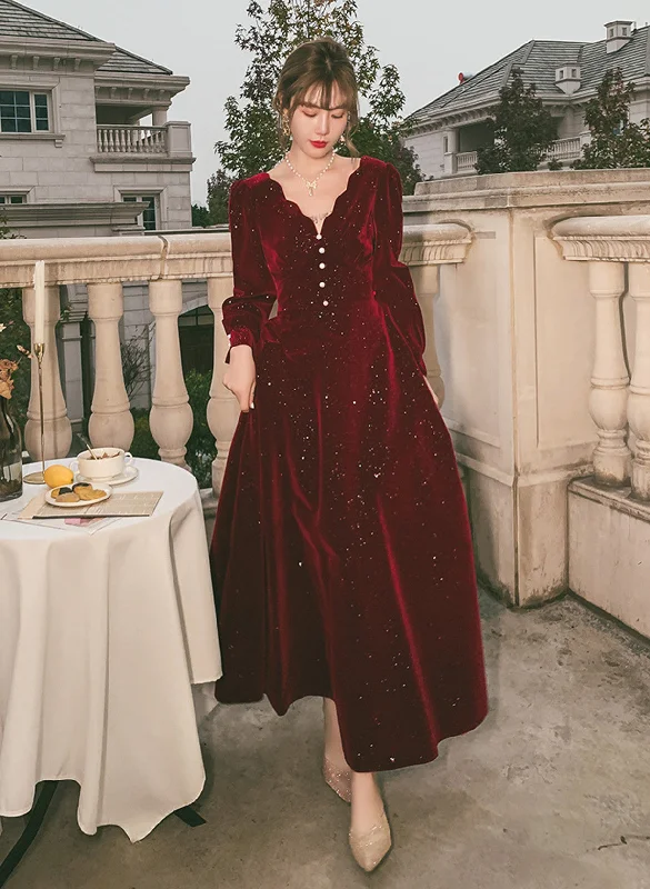 Wine Red Velvet Tea Length Long Sleeves Party Dress, Wine Red Homecoming Dress Tunics Spring floral