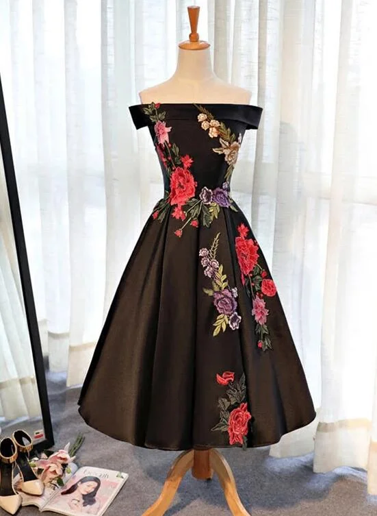 Beautiful Satin Black Tea Length Party Dress, Floral Black Formal Dress Tunics Occasion special