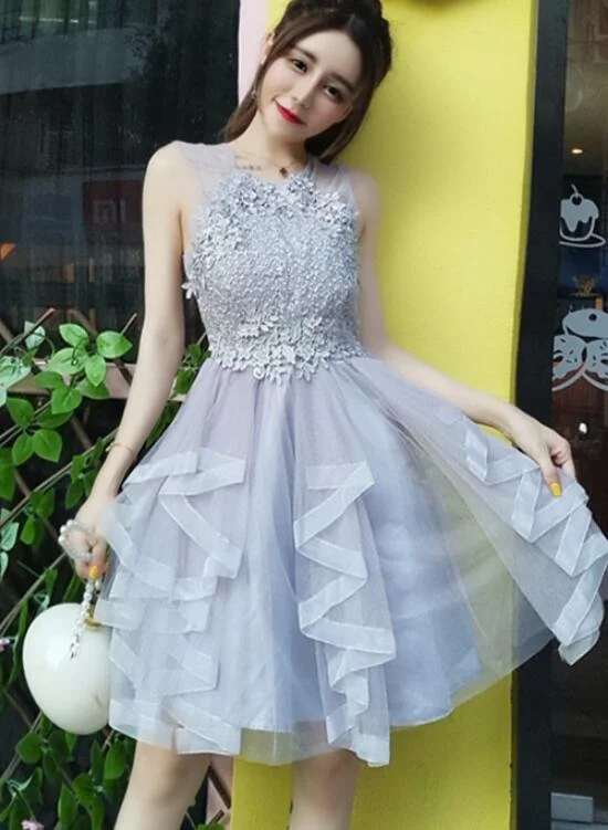 Grey Tulle and Applique O neckline Party Dress, Grey Women Dress, Homecoming Dress for Sale Tunics Brand named