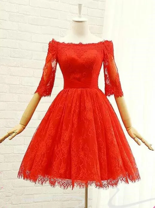 Beautiful Red Lace Short Sleeves Wedding Party Dress, Red Prom Dress Tunics Designer luxury