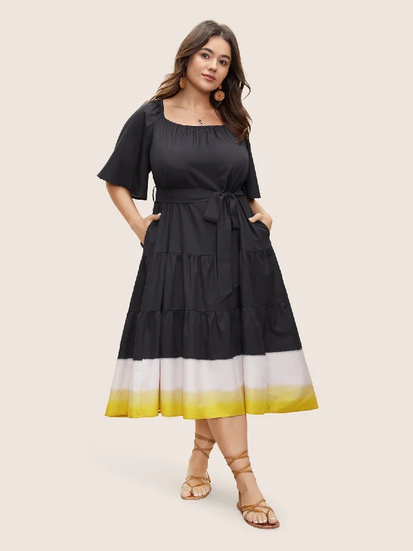 Square Neck Ombre Belted Ruffle Layered Hem Dress Tunics Sophisticated sleek