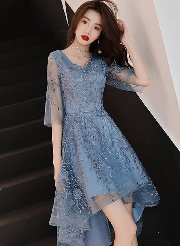 Beautiful Blue High Low Party Dress Homecoming Dress, Blue Lace Prom Dress Tunics Fleece cozy