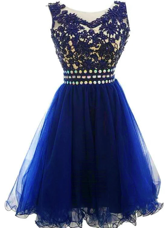 Cute Blue Knee Length Round Neckline Beade Party Dress, Blue Homecoming Dress Turtleneck Warm Winter