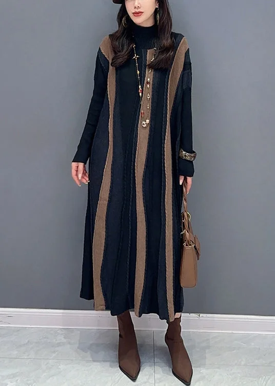 Loose Brown Striped Turtleneck Patchwork Knit Long Dresses Long Sleeve Tunics Versatile all-occasion