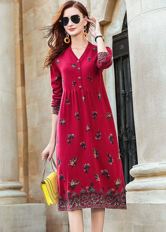 Fashion Red V Neck Print Knit Long Dresses Spring Tunics Cozy soft
