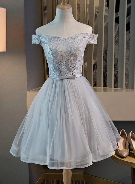Cute Off the Shoulder Lace and Tulle Knee Length Party Dress, Homecoming Dress Off-the-shoulder Chic Trendy