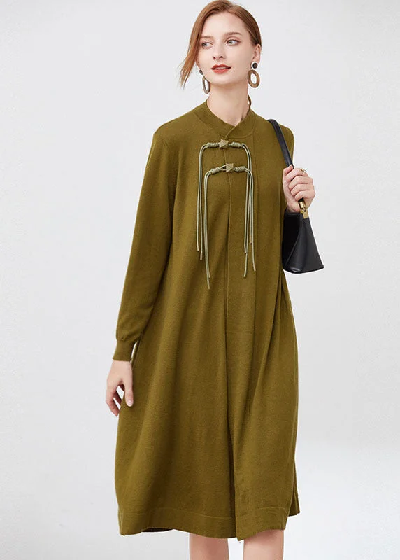 Green Wool Knit Long Dresses Stand Collar Tassel Long Sleeve Tunics Trousers formal
