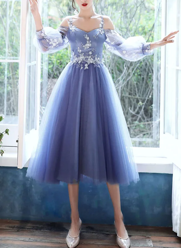 Lovely Blue Short Tea Length Party Dress, Puffy Sleeves Tulle Formal Dress Bodycon Fitted Nightout