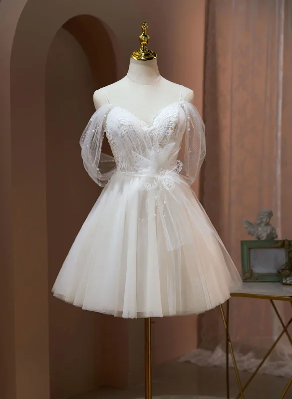 Ivory Sweetheart Tulle Short Party Dress, Ivory Tulle with Lace Homecoming Dress Tunics Floral girly