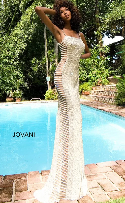 Jovani Couture S4261 Long Crystal Rhinestone Formal Dress Evening Gown Sheer Side Tunic Top Casual