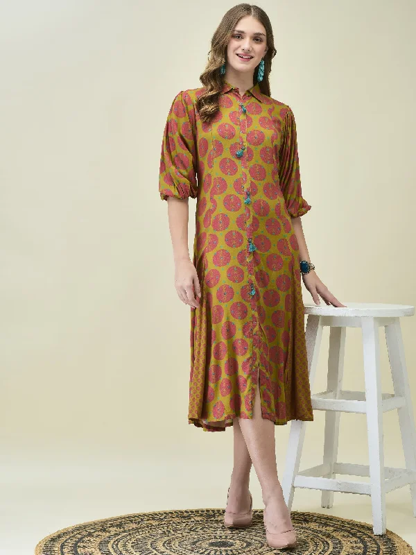 Women Liva Rayon Olive Bandhani Print Dress Tunics Prom sequined