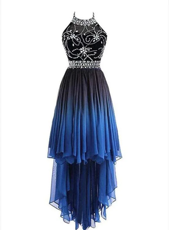 Beautiful Beaded High Low Chiffon Gradient Party Dress, Blue Homecoming Dress Tunics Handmade artisanal