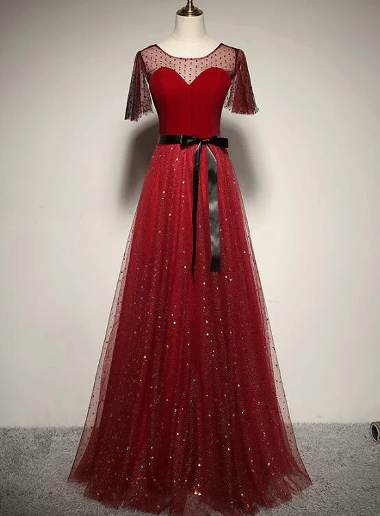 Red Tulle with Velvet Round Neckline Top Party Dress, A-line Evening Dress Tunics Stylish modern