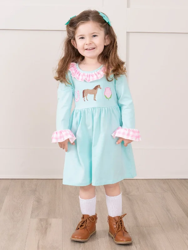 Embroidered Horsing Around Gingham Ruffle Dress Tunics Travel practical