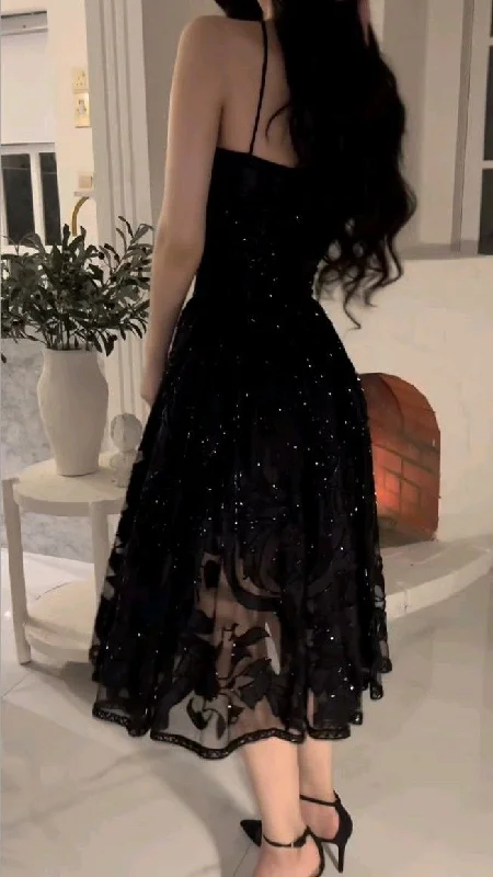 Black Halter Straps A-Line Midi Length Elegant Formal Party Dress, DP4709 Tunics Cozy soft