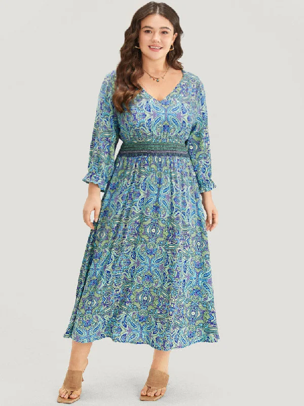 Paisley Print Shirred Flutter Trim Dress Tunics Trendy modern