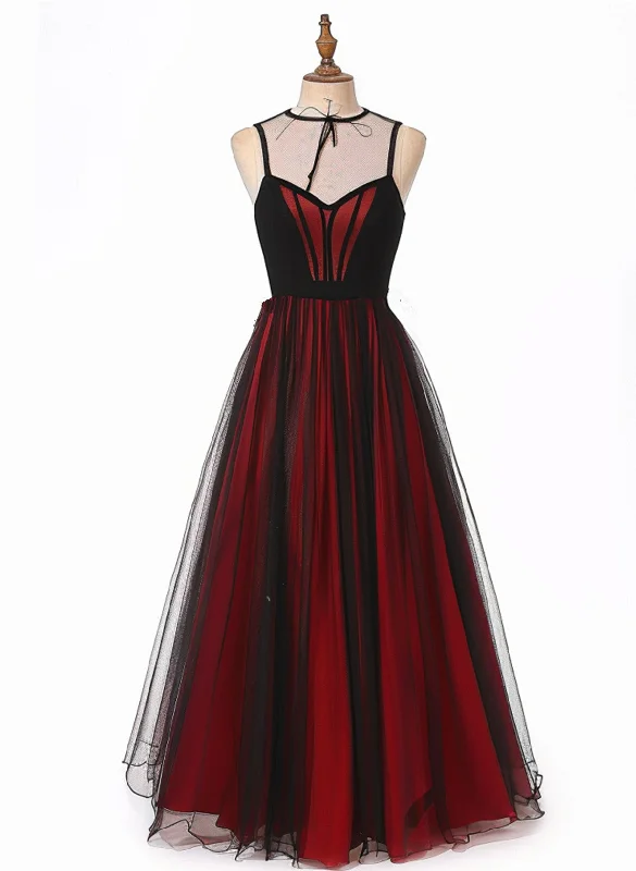 Black and Red V-neckline Tulle Long Party Dress, Black and Red Formal Dress Tunics Sophisticated sleek