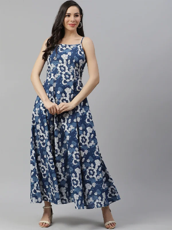 Women's Indigo Print Cotton Long Dress  - Wahenoor Tunics Ceremony elegant