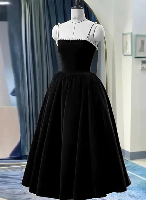 Velvet Tea Length Pearls Straps Formal Dress, Velvet Wedding Party Dress Tunics Vintage classic