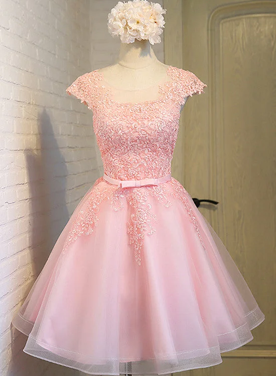 Cute Pink Round Neckline Tulle Party Dress, Pink Cap Sleeves Formal Dress Tunics Print Colorful