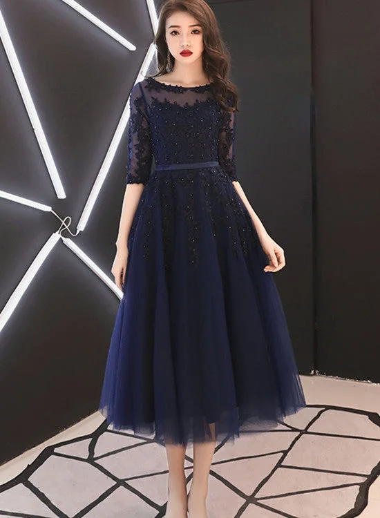 Charming Navy Blue Round Neckline Party Dress with Sleeves, Prom Dress Tunics Solid Classic
