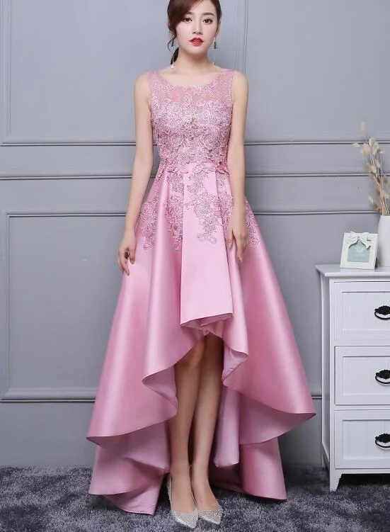 Lovely Pink Satin and Lace High Low Party Dress, Handmade Formal Dress Tunics Trousers formal
