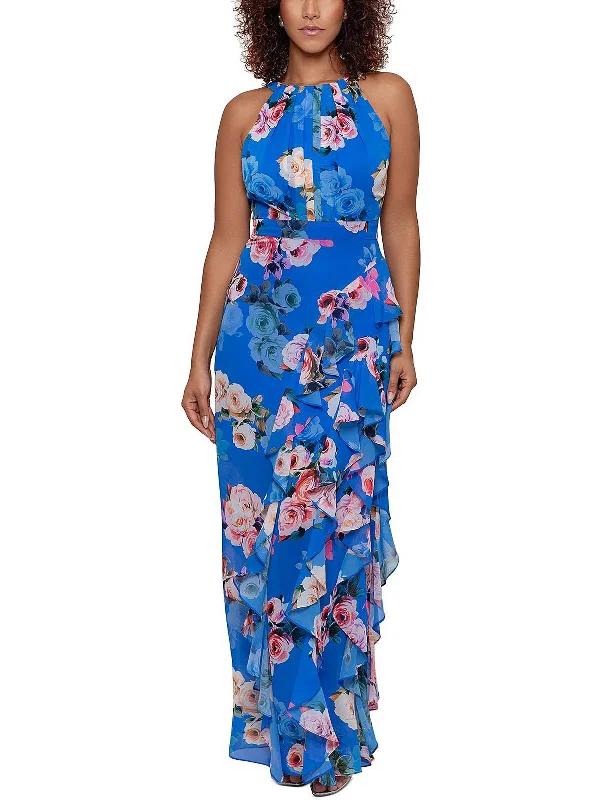 Womens Ruffled Maxi Evening Dress Boat Neckline Classic