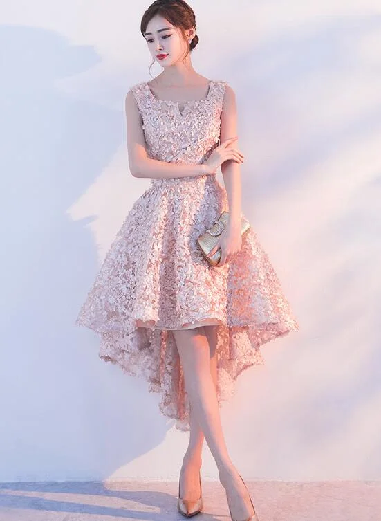 Lovely Pink High Low Lace Party Dress, Lovely Formal Dress Tunics Summer linen