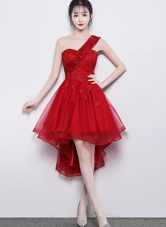 Cute One Shoulder Sweetheart Tulle High Low Party Dress, Red Homecoming Dress Tunics Velvet soft