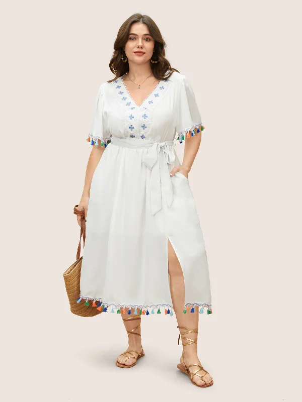 Lace Collar Woven Ribbon Colored Tassel Trim Belted Dress Tunics Mesh breathable