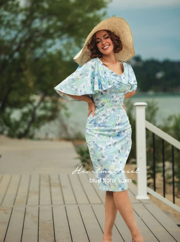 Sandra - blue floral linen 1950s pencil dress with matching cape Tunics Corduroy durable