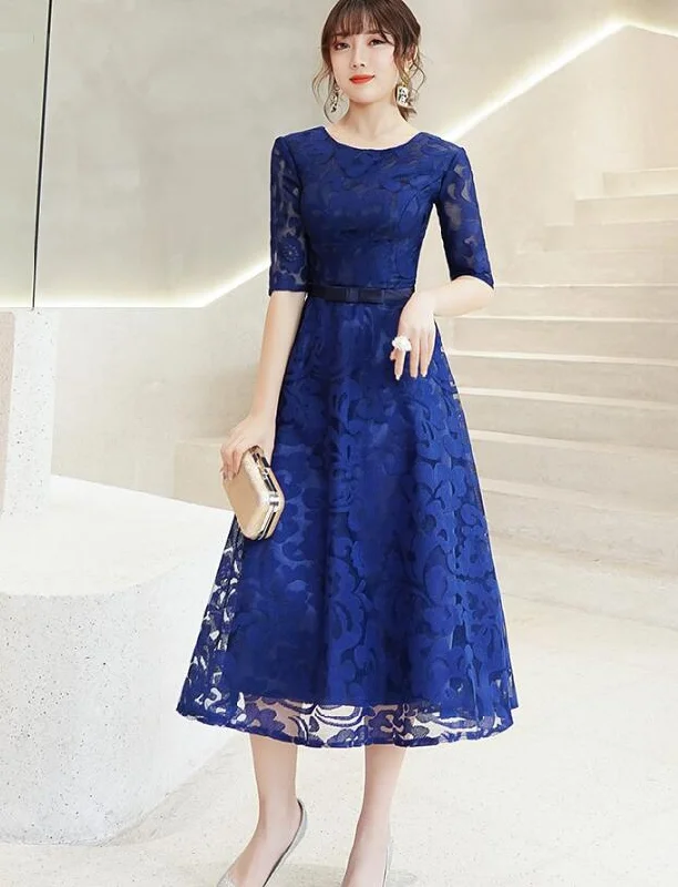 Fashionable Lace Blue Short Sleeves Bridesmaid Dress, Wedding Party Dress Off-the-shoulder Chic Trendy