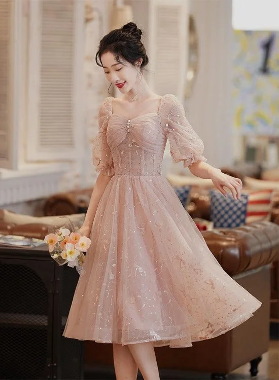 Lovely Pink Lace Short Sleeves Sweetheart Vintage Style Party Dress, Pink Homecoming Dresses Tunics Fall fleece