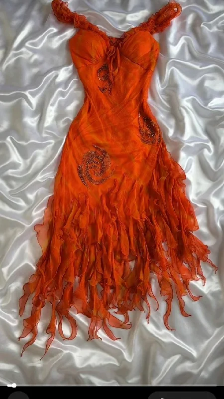 Orange Straps Beading Ruffles Sheath Vintage Evening Party Dress, DP4680 Cowl Neckline Elegant