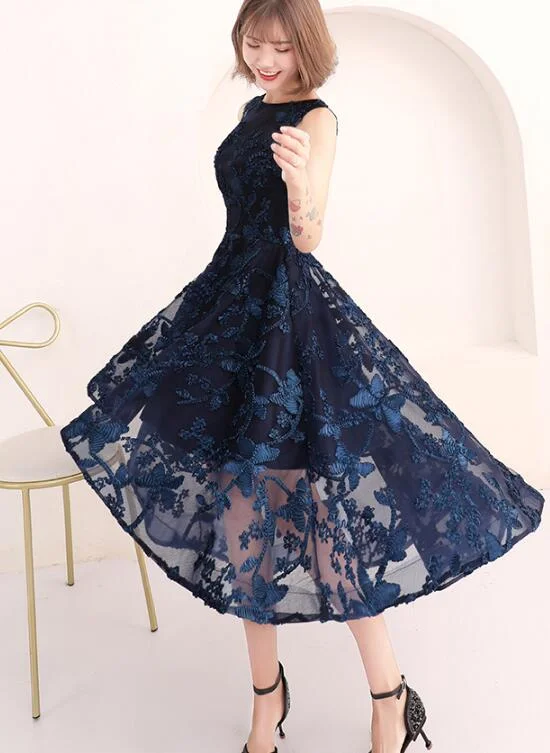 High Low Navy Blue Lace Bridesmaid Dress, Round Neckline Party Dress Tunics Custom made