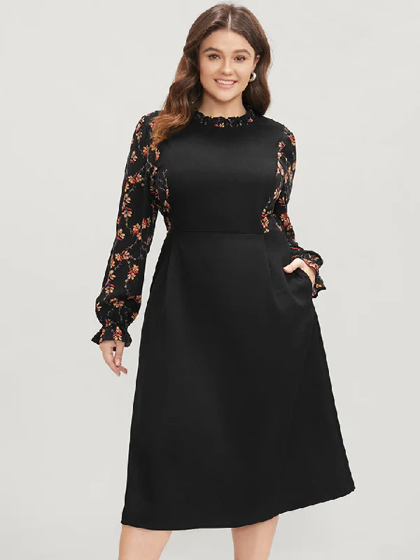 Floral Patchwork Ruffle Trim Pocket Zipper Dress empire Waist empire