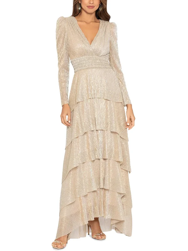 Womens METALLIC TIERED Evening Dress Crew Neckline Casual